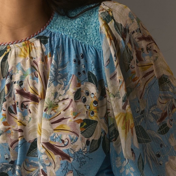 Anthropologie Bl-nk Sequin-Embellished Blouse Blue Small Small NWT - Picture 2 of 10